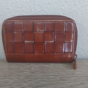 Brown Leather Woven Wallet with Zip Closure  5x3"